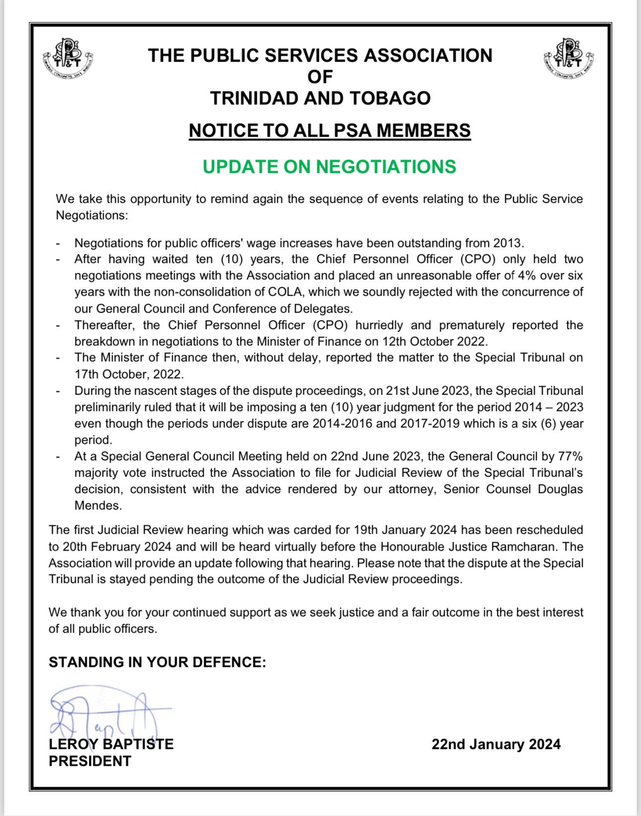 Update on Negotiations - 22nd January, 2024 - Public Services Association